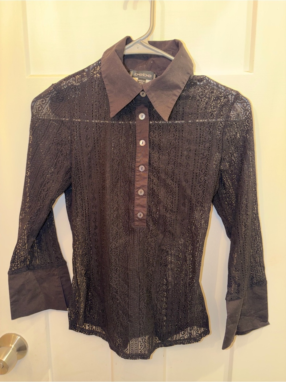 bebe Black Lace Button-Front Collared Shirt